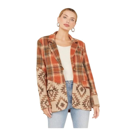 Miss Me Mixed Print Plaid & Aztec Patchwork Blazer Jacket - Medium
