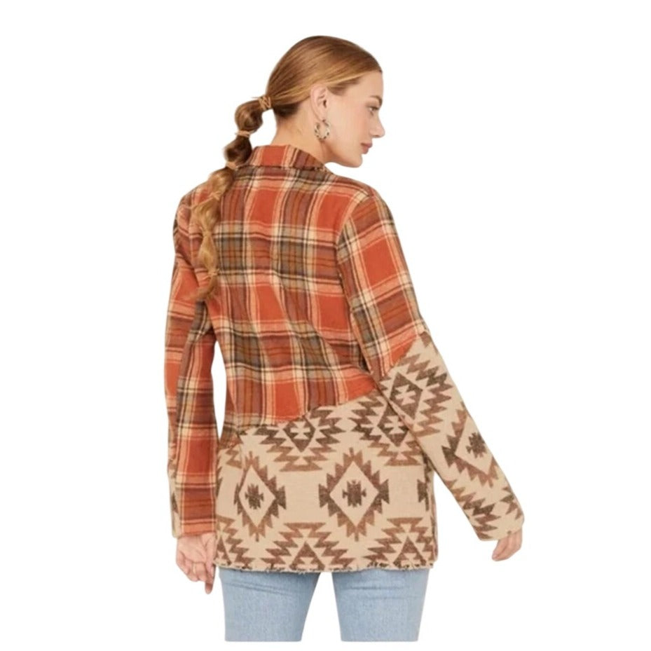 Miss Me Mixed Print Plaid & Aztec Patchwork Blazer Jacket - Medium