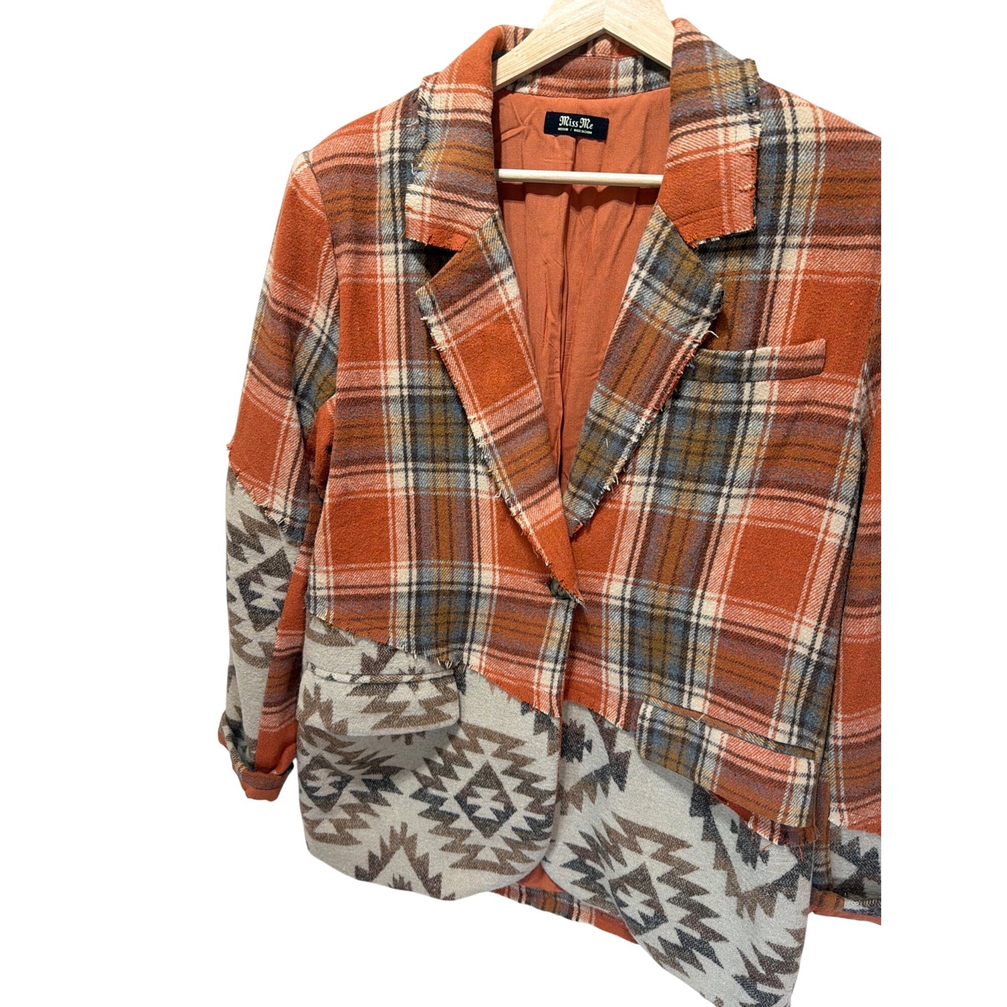 Miss Me Mixed Print Plaid & Aztec Patchwork Blazer Jacket - Medium