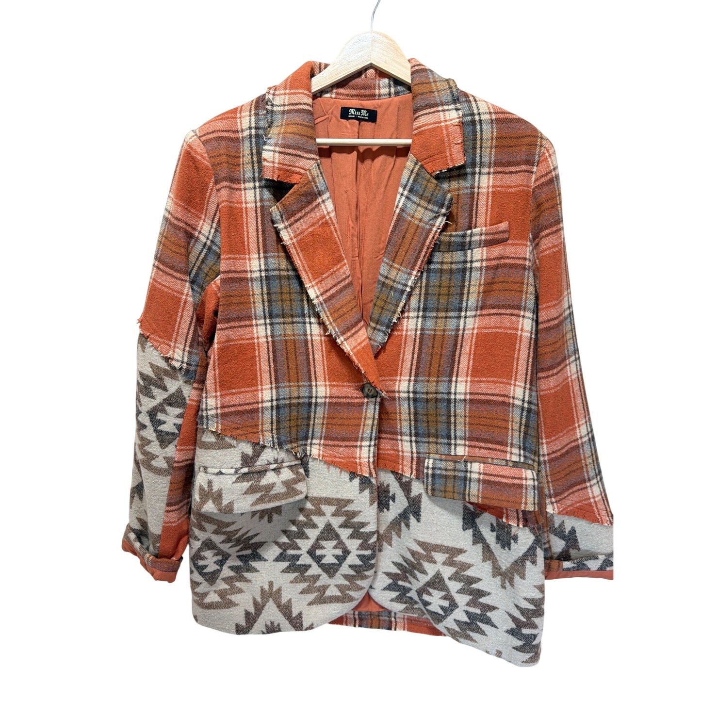 Miss Me Mixed Print Plaid & Aztec Patchwork Blazer Jacket - Medium