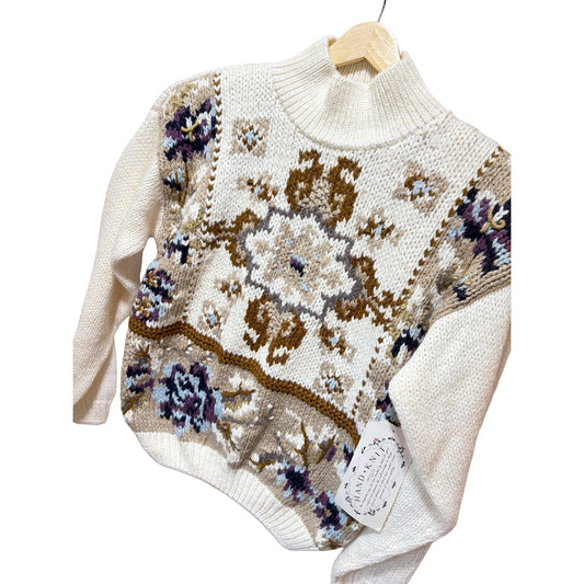 Hand-Knit Jamie Scott NWT Floral Knit Mock Neck Vintage 80s Sweater Large