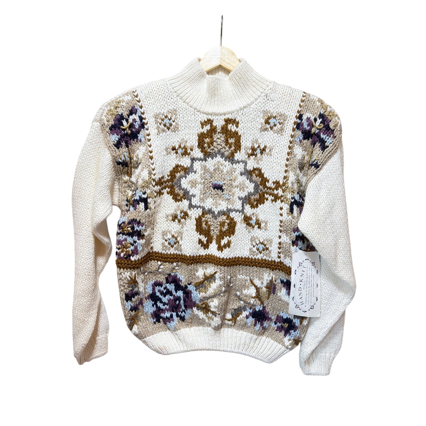 Hand-Knit Jamie Scott NWT Floral Knit Mock Neck Vintage 80s Sweater Large