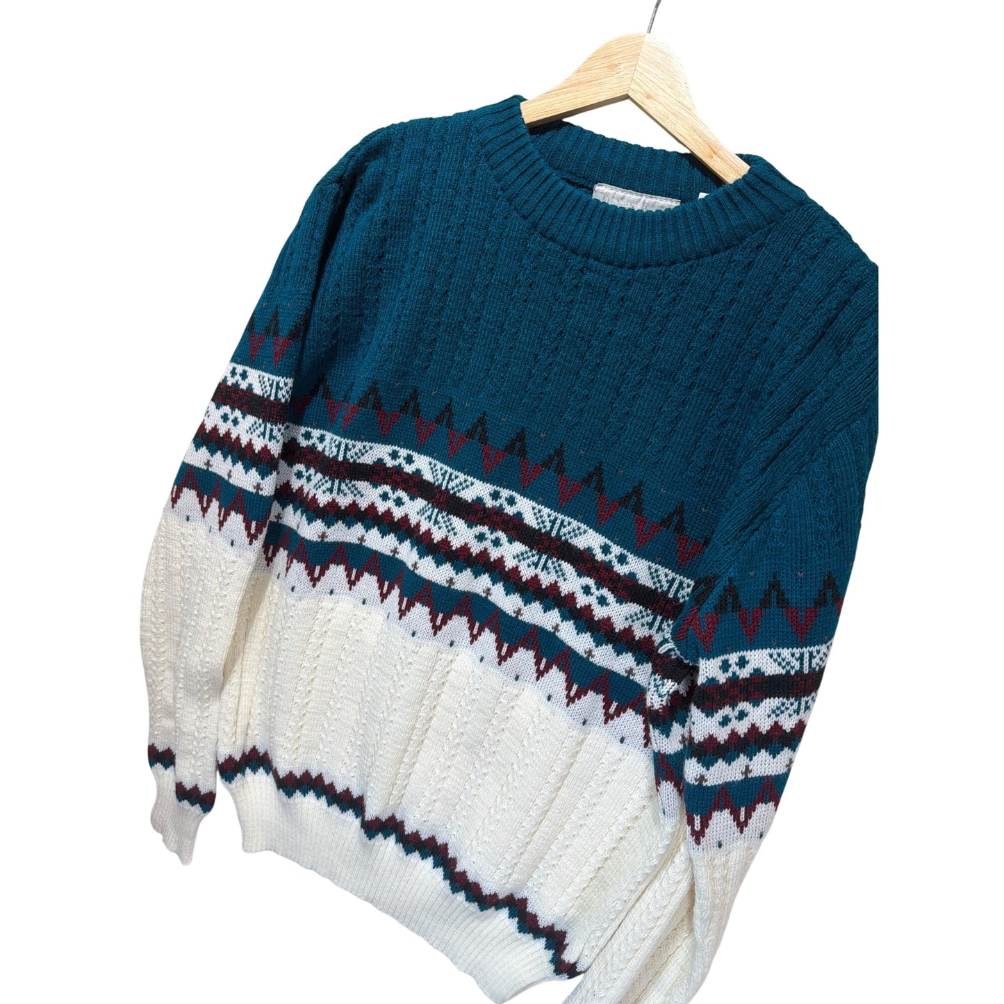 Rob Winter Vintage Teal and White Fair Isle Nordic Grandpa Sweater Medium