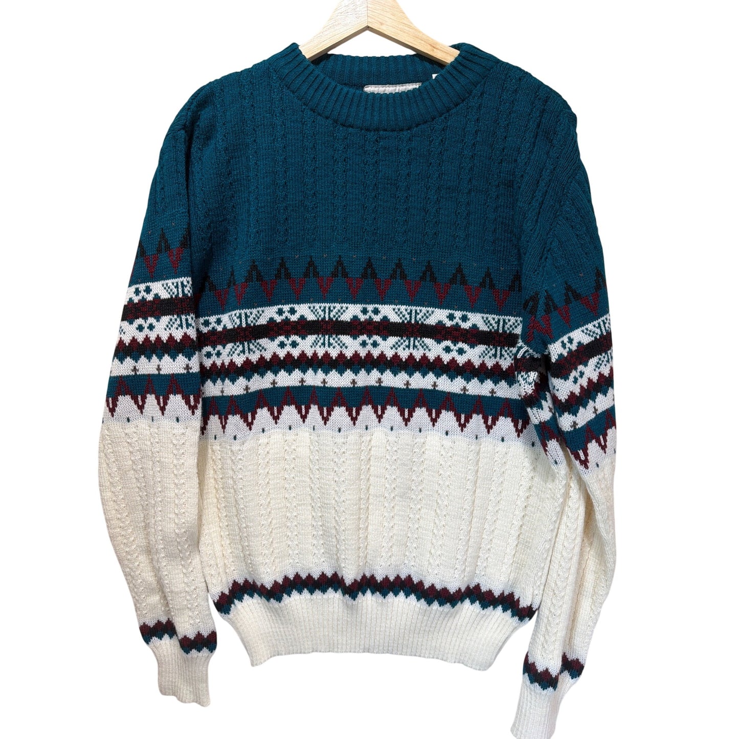 Rob Winter Vintage Teal and White Fair Isle Nordic Grandpa Sweater Medium