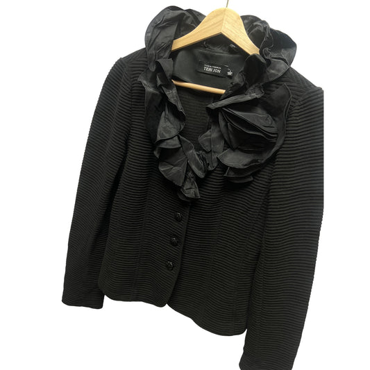 Rickie Freeman Teri Jon Black Ribbed Tafetta Ruffle Collar Blazer
