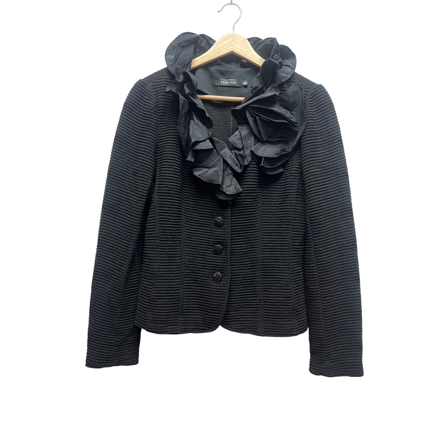 Rickie Freeman Teri Jon Black Ribbed Tafetta Ruffle Collar Blazer