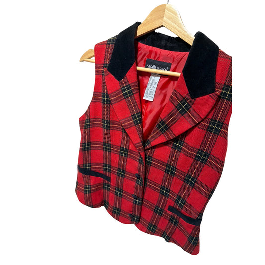 Sag Harbor Vintage 90s Red Tartan Plaid Wool Blend Vest With Black Velvet Accents Size 8