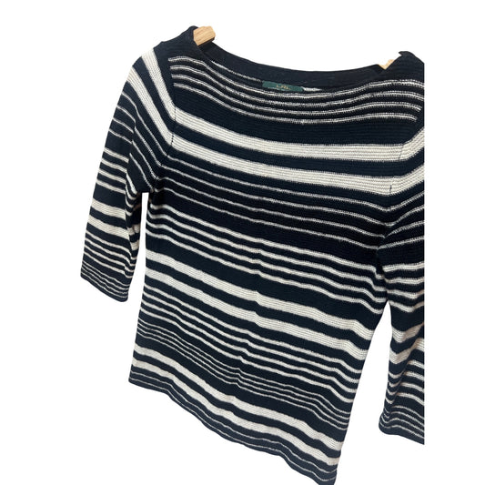 Lauren Jean Company Petite Striped Knit Black & White Linen Blend 3/4 Sleeve Sweater PS