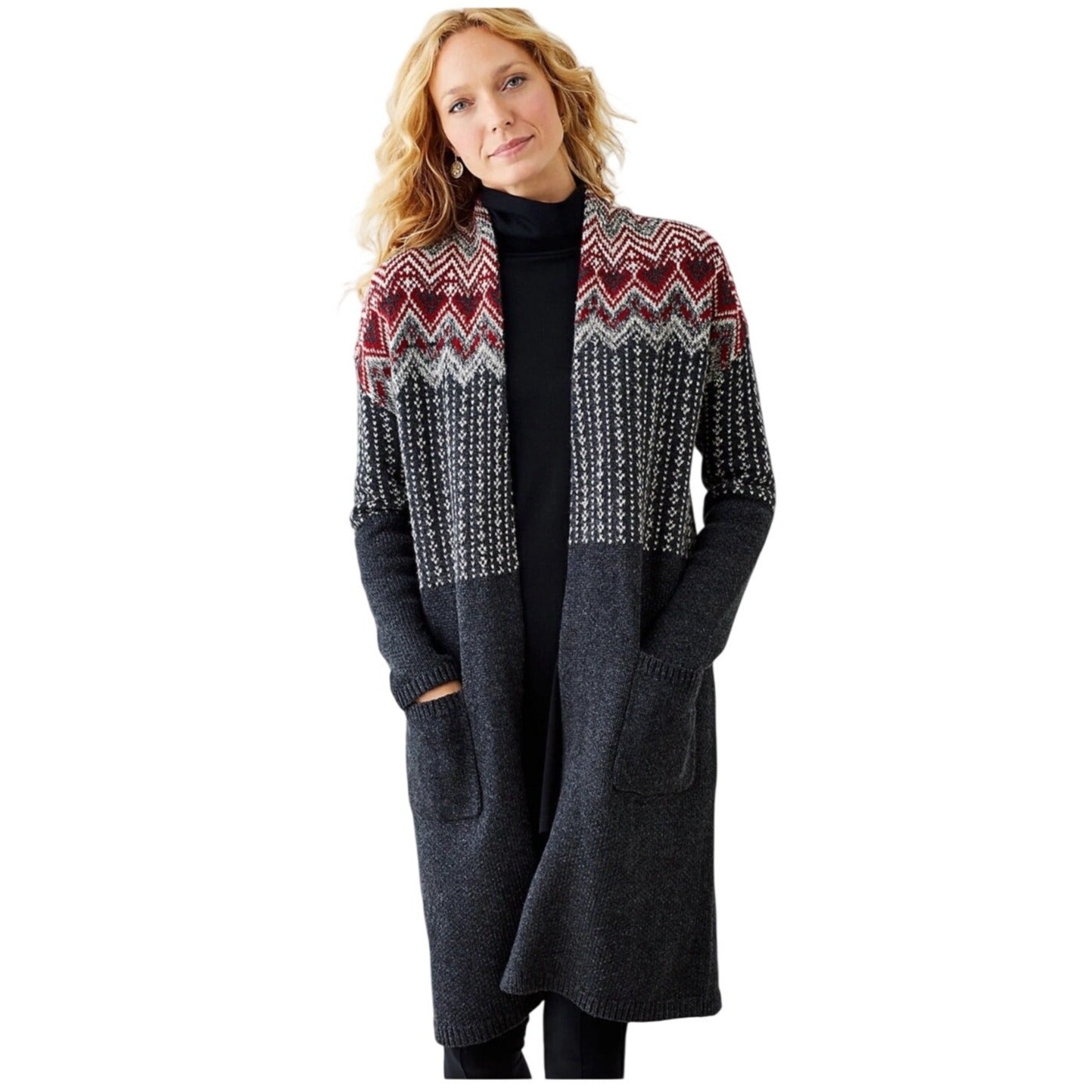 J. Jill Newbury Topper Fair Isle Wool Cotton Blend Duster Cardigan S Gray Red Open Front