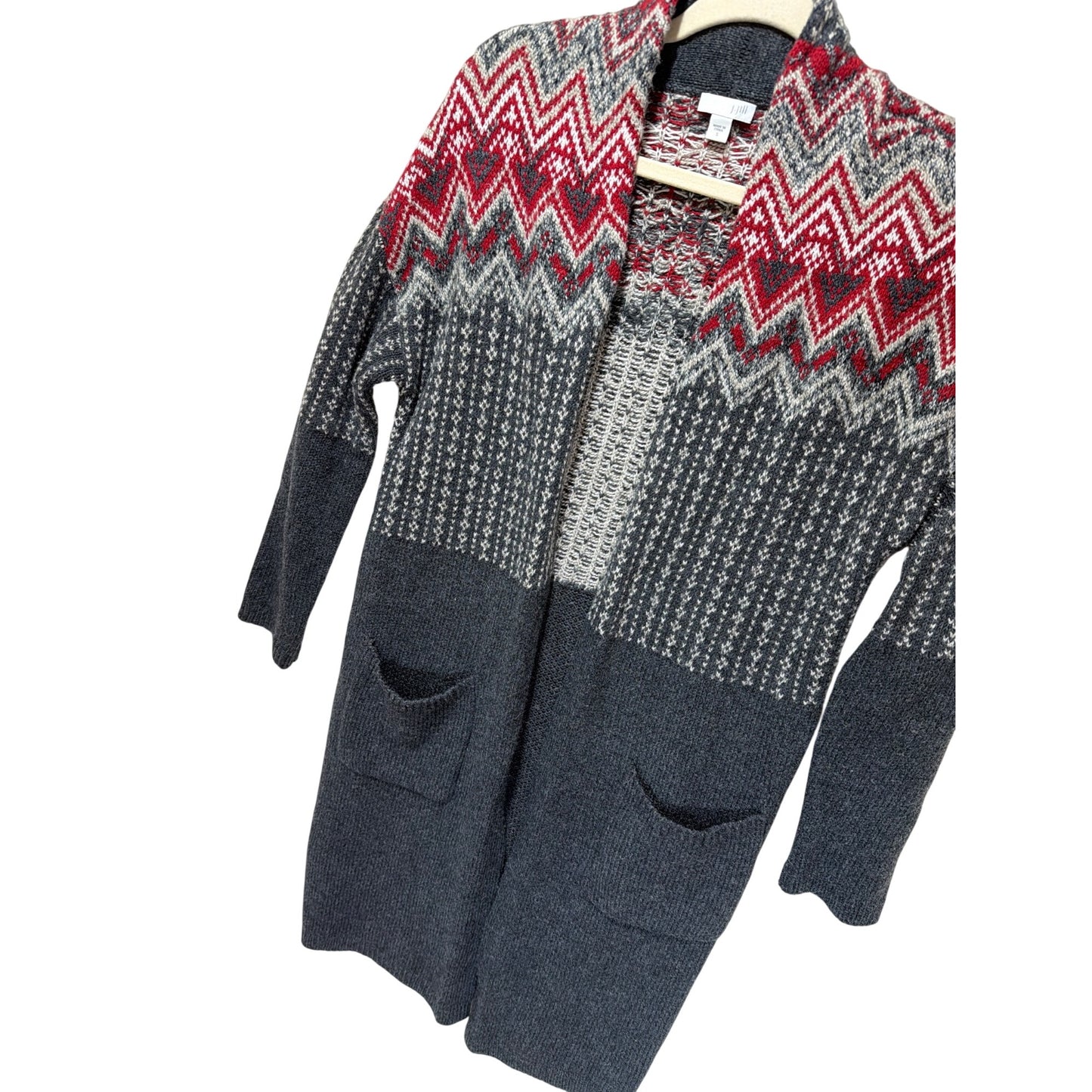 J. Jill Newbury Topper Fair Isle Wool Cotton Blend Duster Cardigan S Gray Red Open Front