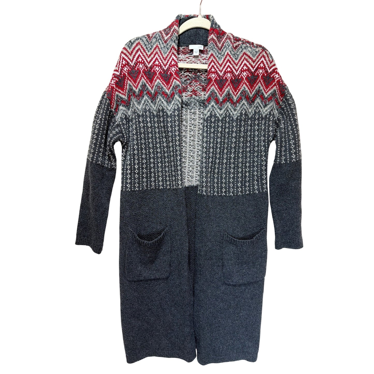 J. Jill Newbury Topper Fair Isle Wool Cotton Blend Duster Cardigan S Gray Red Open Front