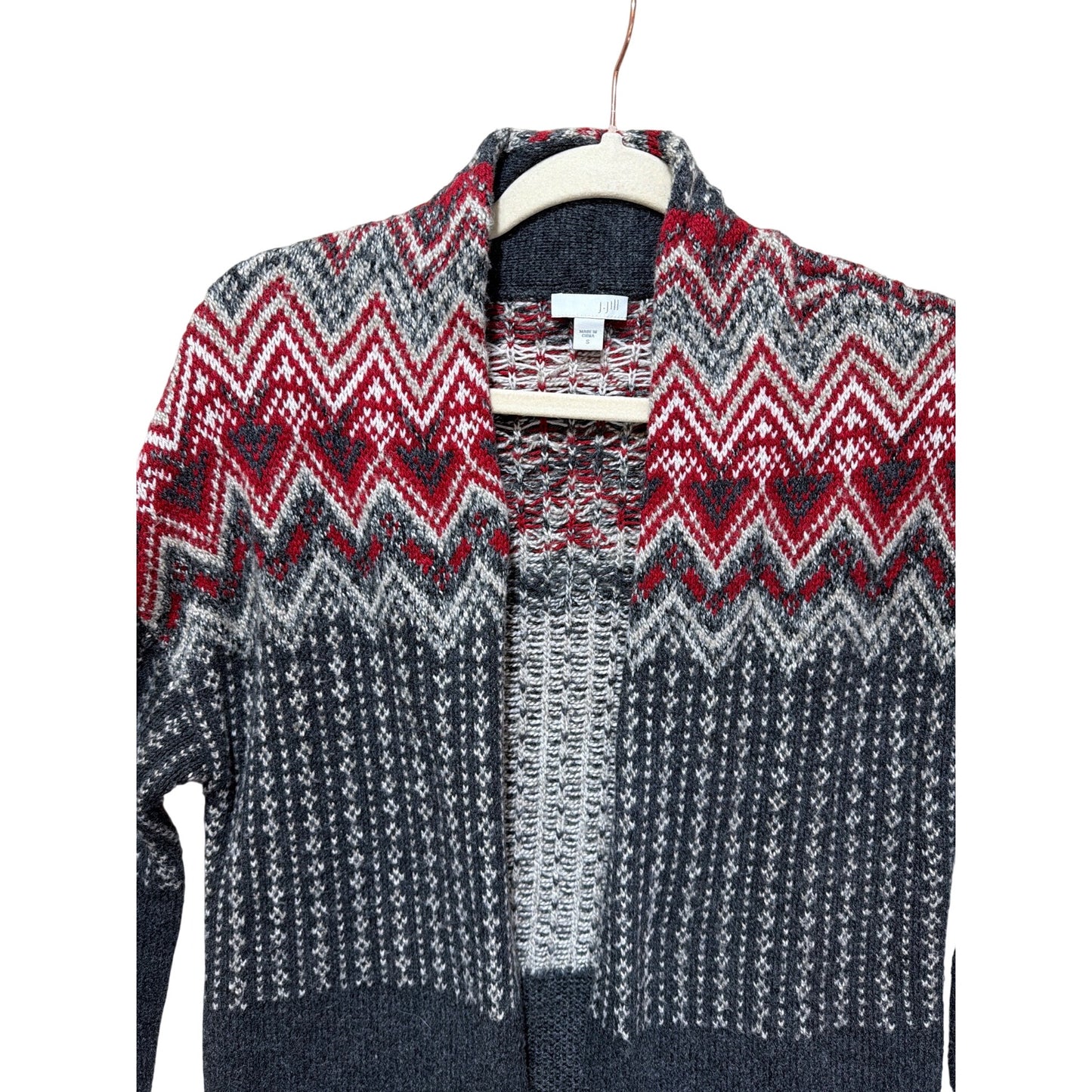 J. Jill Newbury Topper Fair Isle Wool Cotton Blend Duster Cardigan S Gray Red Open Front