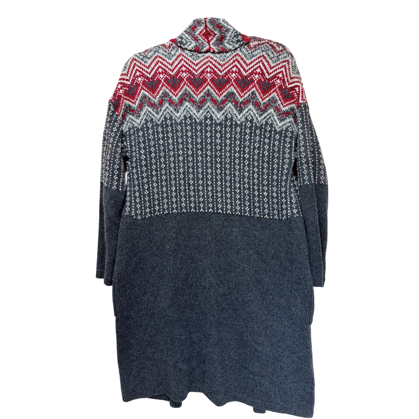 J. Jill Newbury Topper Fair Isle Wool Cotton Blend Duster Cardigan S Gray Red Open Front