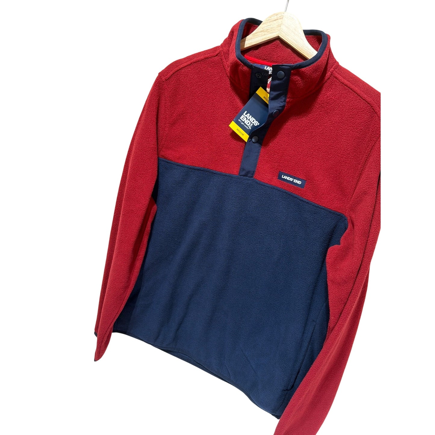 Lands End NWT Heritage Polar Fleece Snap Neck Mens Red & Navy Pullover Size M