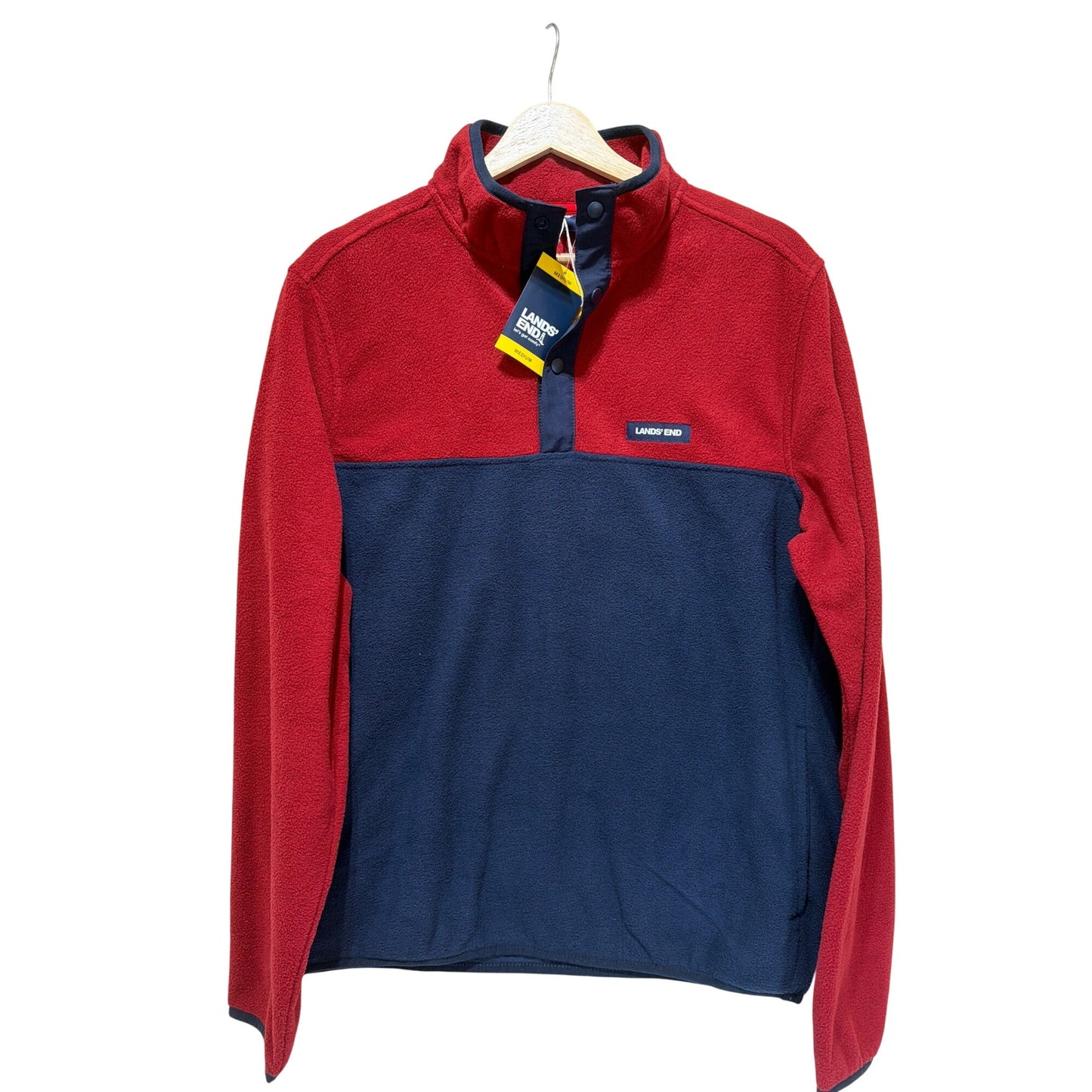 Lands End NWT Heritage Polar Fleece Snap Neck Mens Red & Navy Pullover Size M