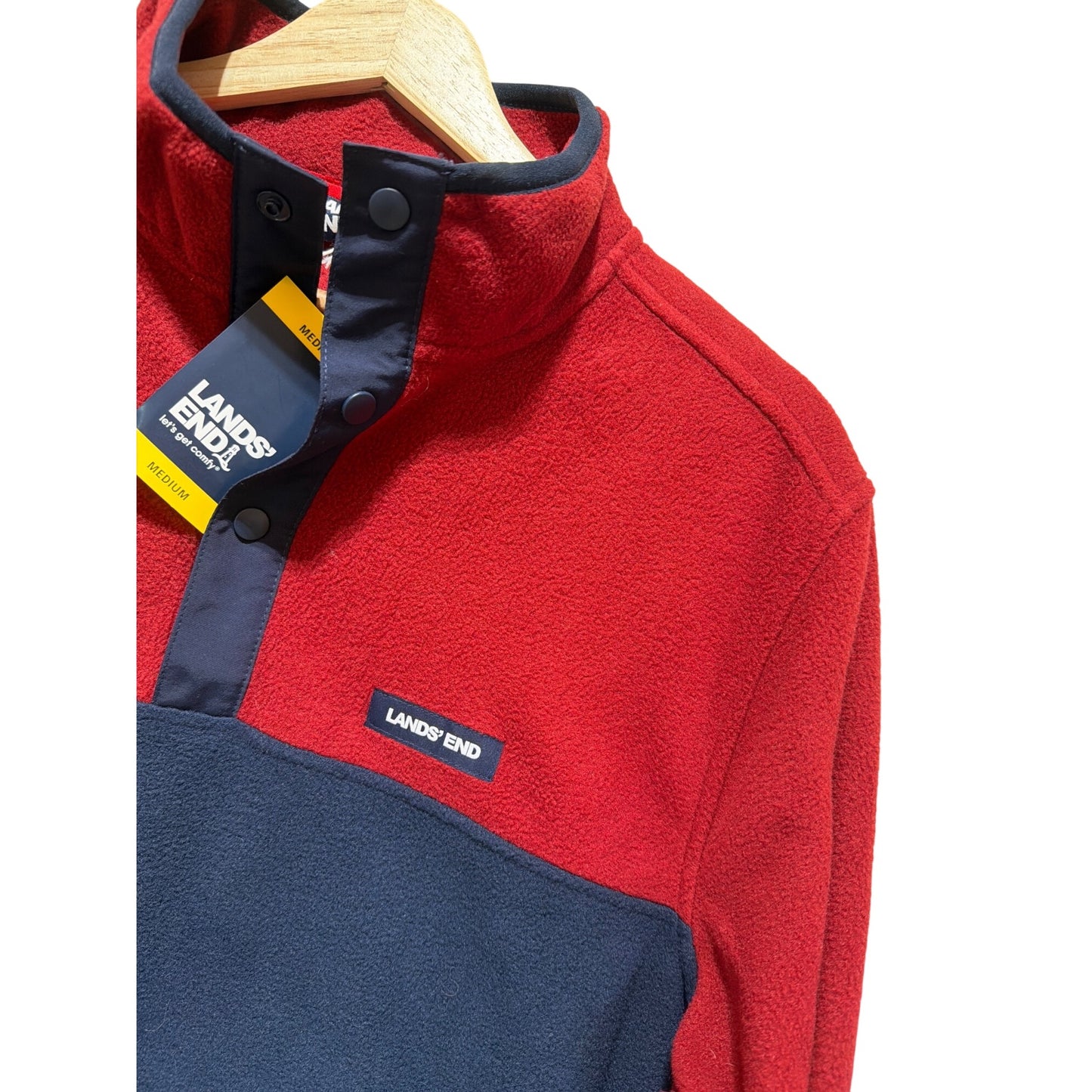 Lands End NWT Heritage Polar Fleece Snap Neck Mens Red & Navy Pullover Size M