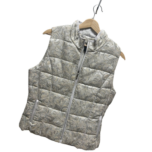 White House Black Market White & Silver Brocade Puffer Vest