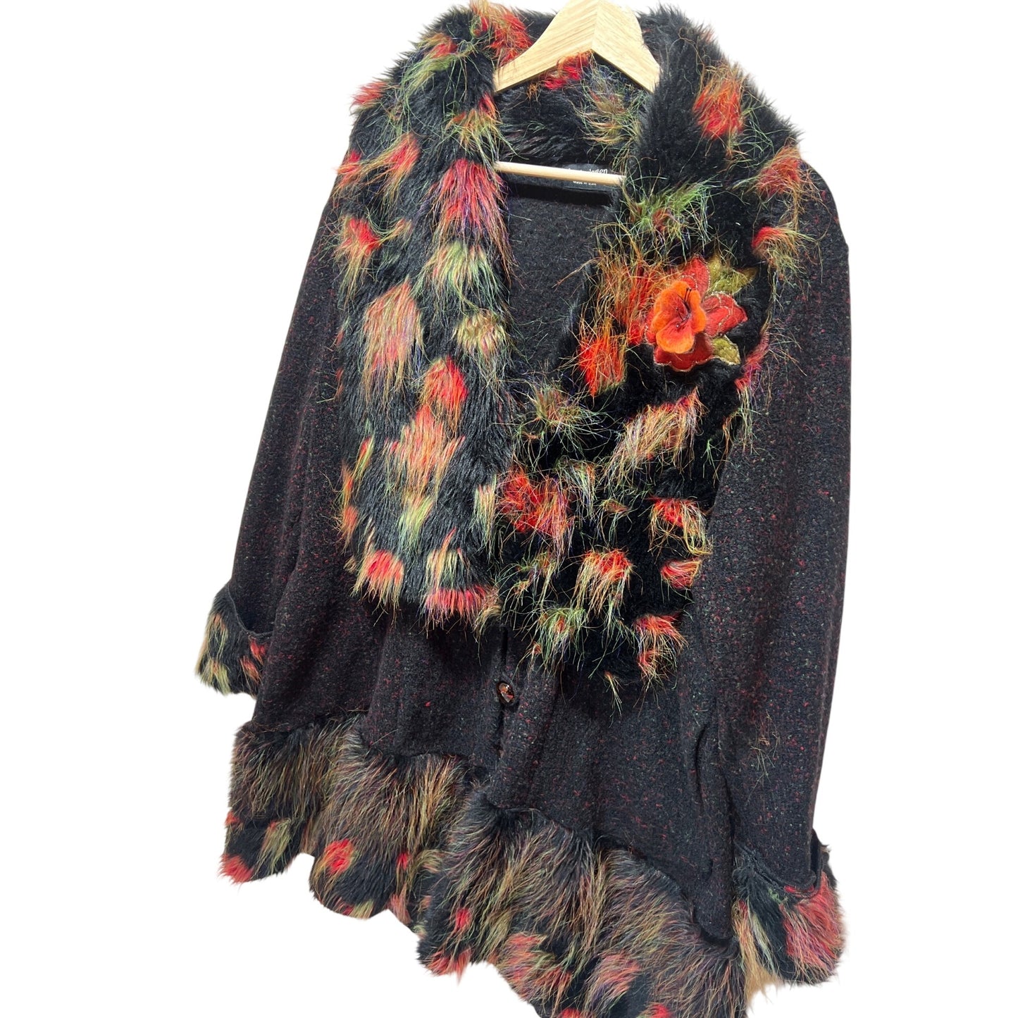 Lee Andersen Mixed Media Art To Wear Jacket With Faux Fur Trim & Floral Accents - Size L