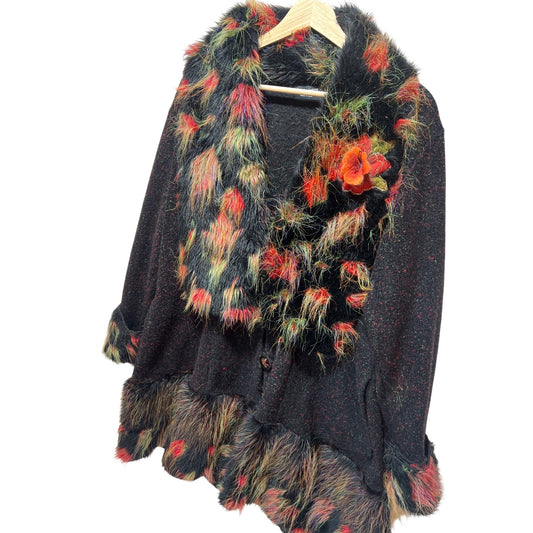 Lee Andersen Mixed Media Art To Wear Jacket With Faux Fur Trim & Floral Accents - Size L