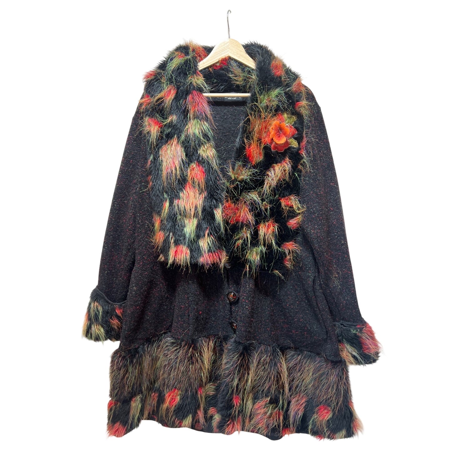 Lee Andersen Mixed Media Art To Wear Jacket With Faux Fur Trim & Floral Accents - Size L