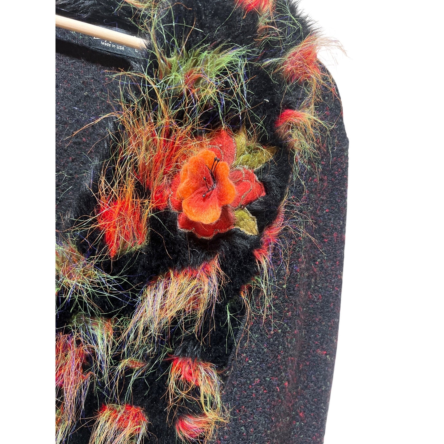 Lee Andersen Mixed Media Art To Wear Jacket With Faux Fur Trim & Floral Accents - Size L