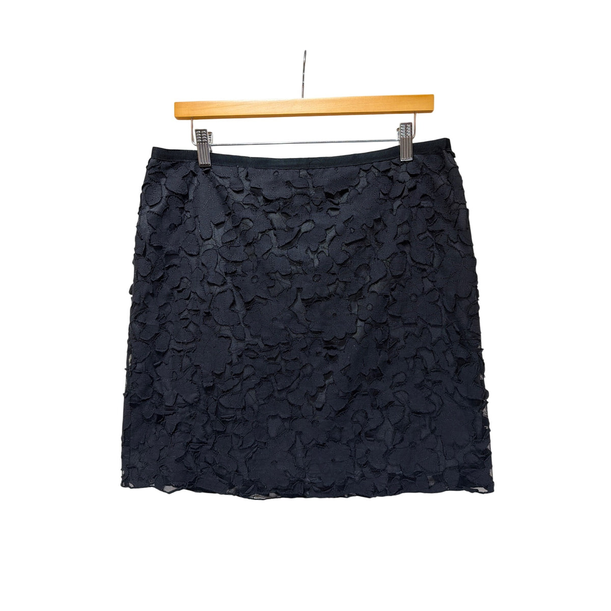 Saks Fifth Avenue 3D Rosette Ruffle Overlay Floral Skirt Back Gold Zipper Closure