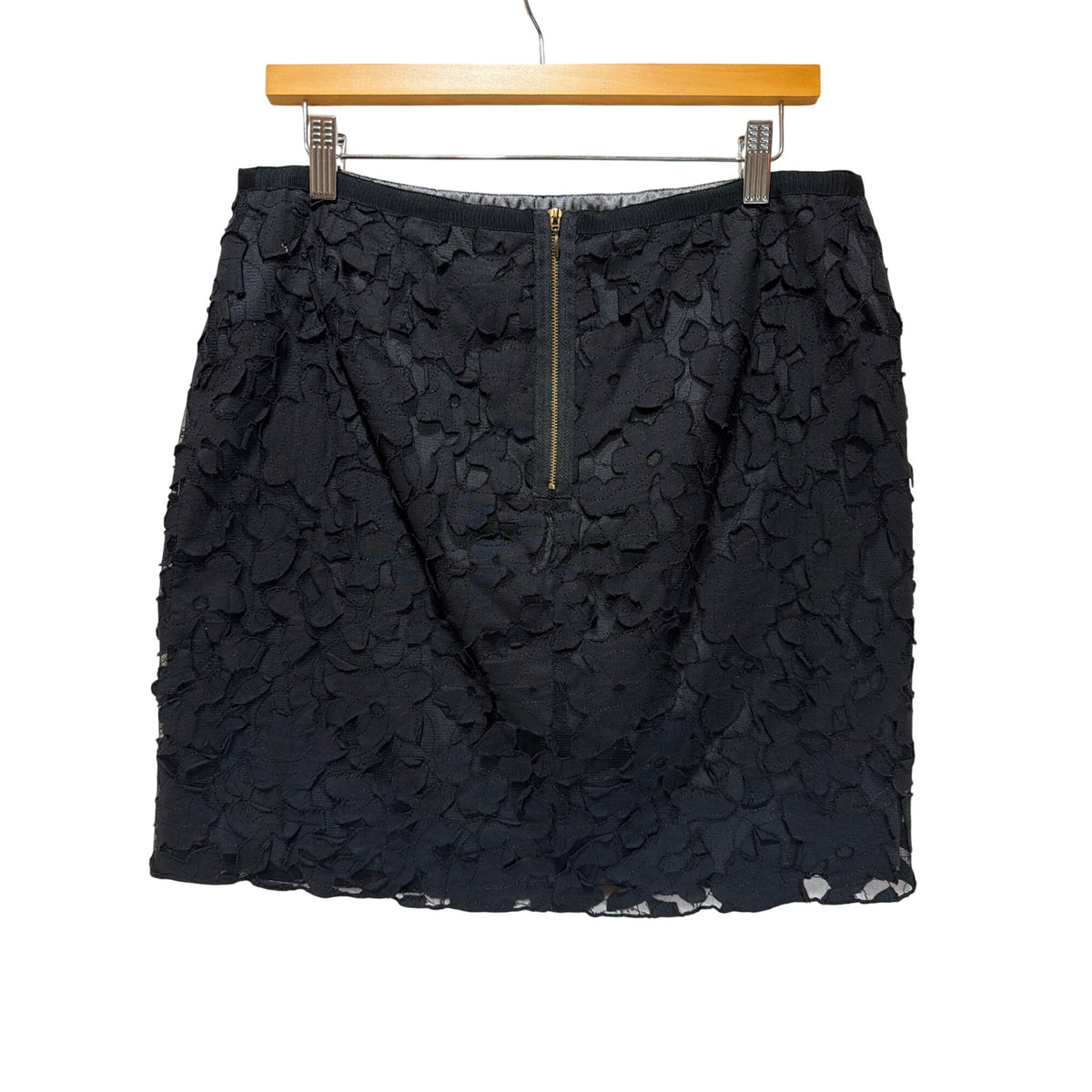 Saks Fifth Avenue 3D Rosette Ruffle Overlay Floral Skirt Back Gold Zipper Closure