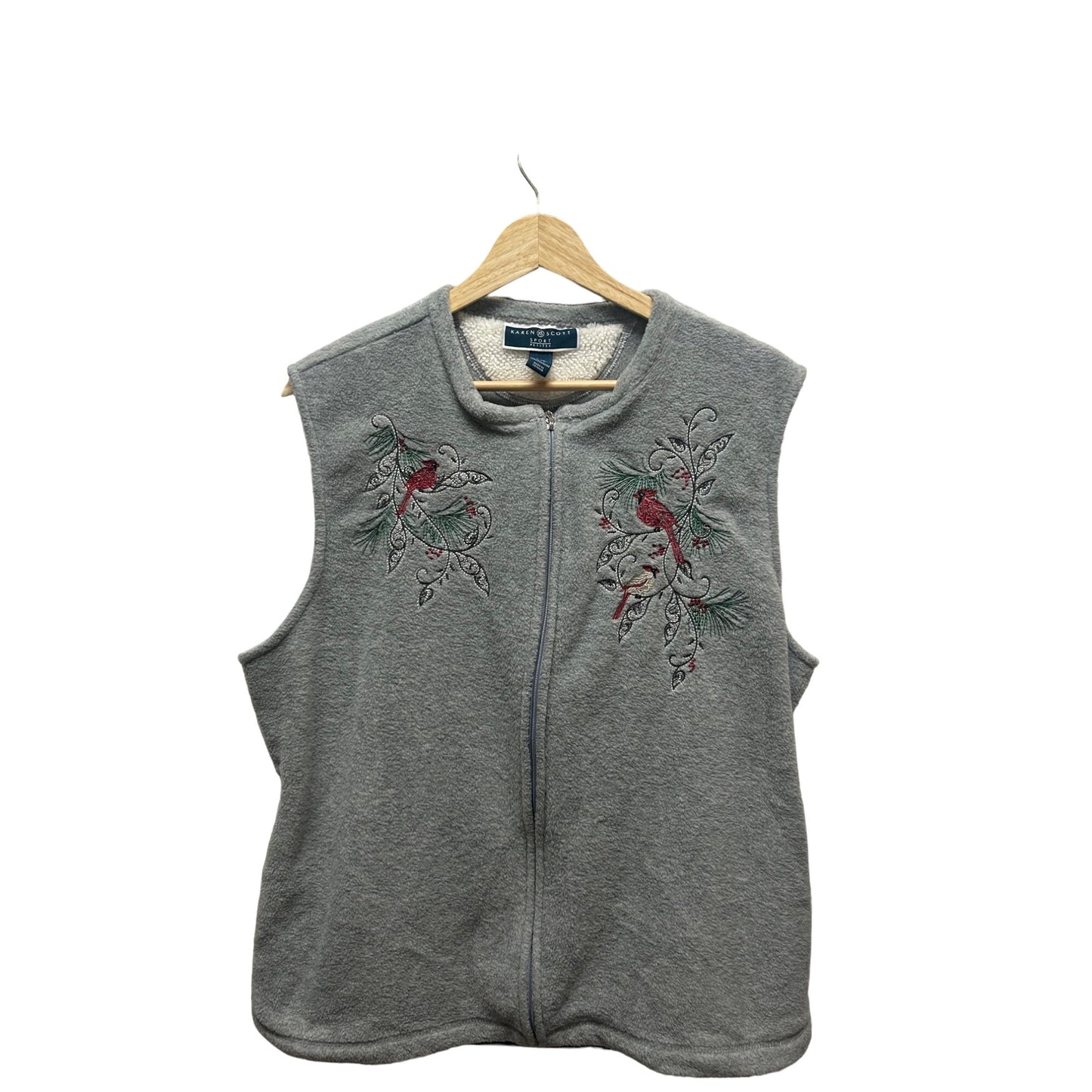 Karen Scott Vintage 90's Gray Fleece Cardinal Embroidered Vest