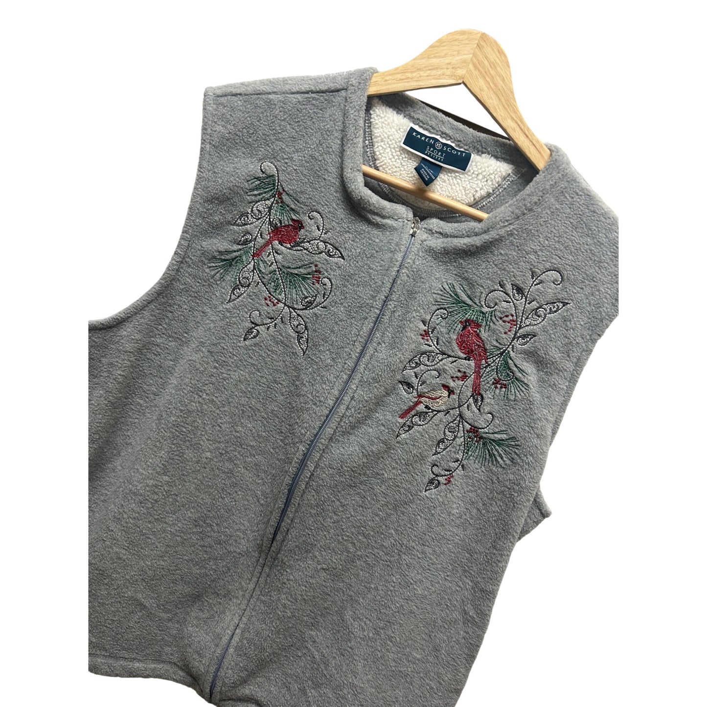 Karen Scott Vintage 90's Gray Fleece Cardinal Embroidered Vest