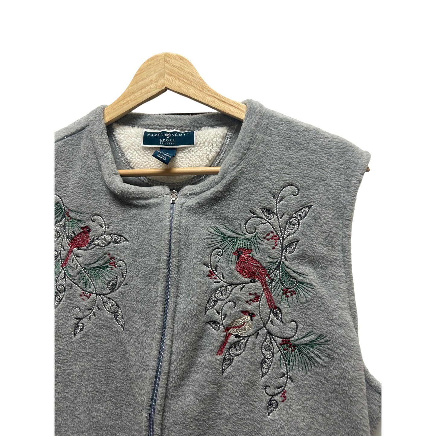 Karen Scott Vintage 90's Gray Fleece Cardinal Embroidered Vest