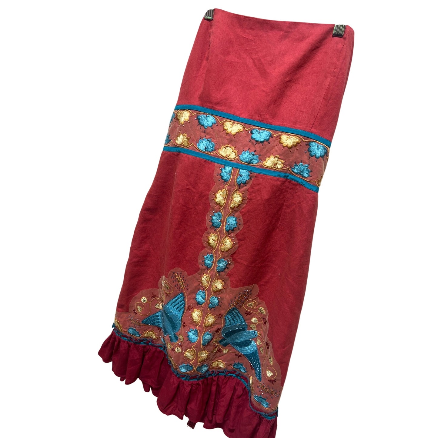 Plenty by Tracy Reese Y2K Bohemian Strapless Red Dress With Blue & Gold Embroidery Hummingbird Motif Ruffle Hem & Tie Waist