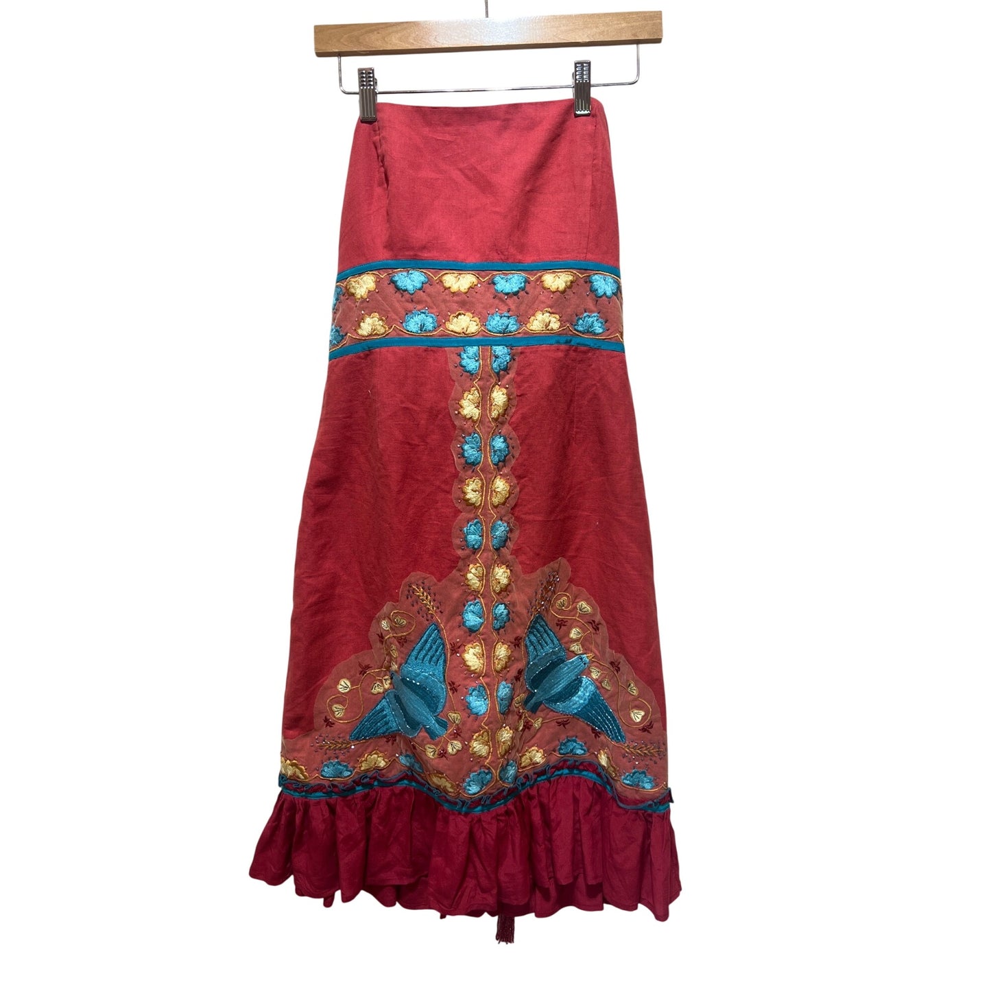 Plenty by Tracy Reese Y2K Bohemian Strapless Red Dress With Blue & Gold Embroidery Hummingbird Motif Ruffle Hem & Tie Waist