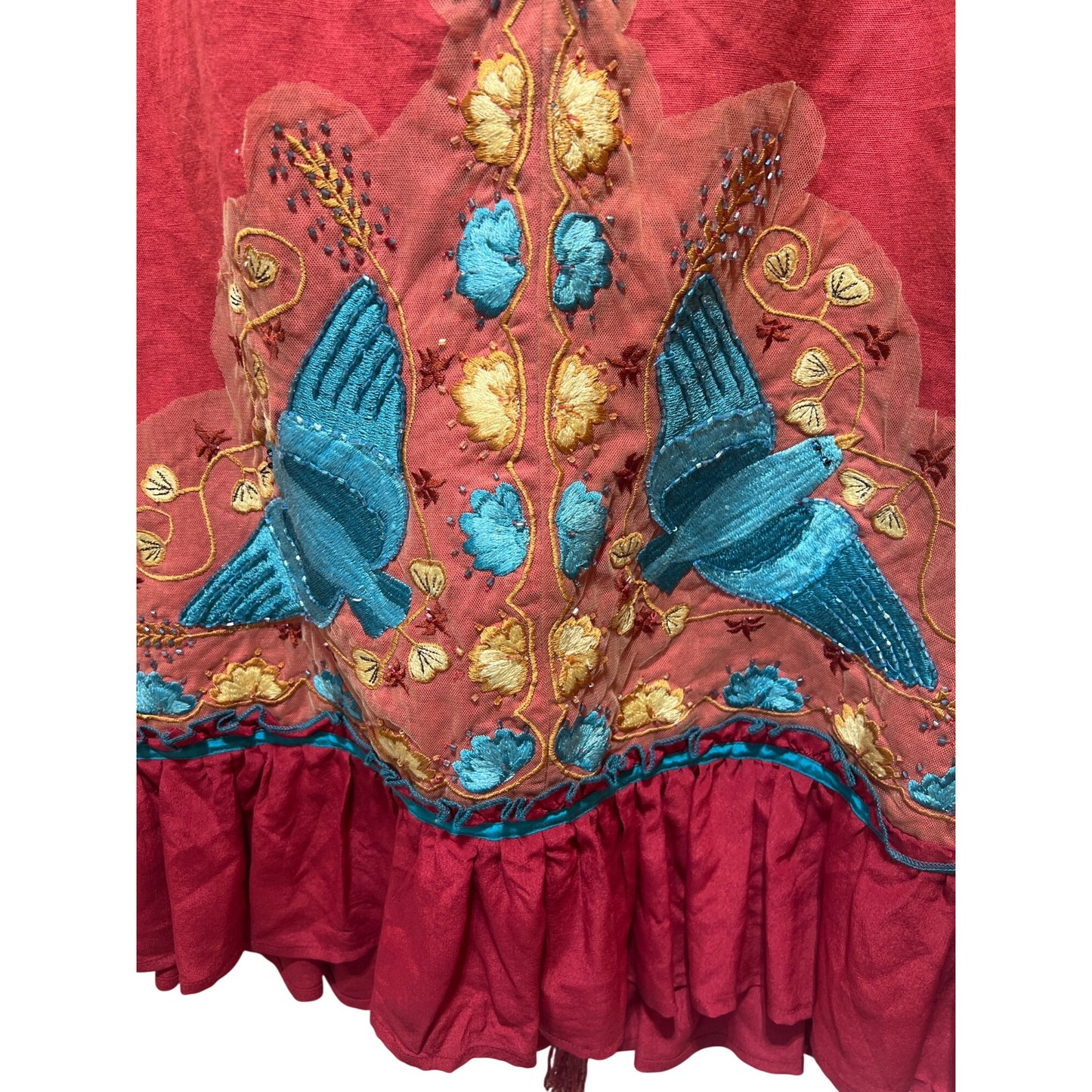 Plenty by Tracy Reese Y2K Bohemian Strapless Red Dress With Blue & Gold Embroidery Hummingbird Motif Ruffle Hem & Tie Waist