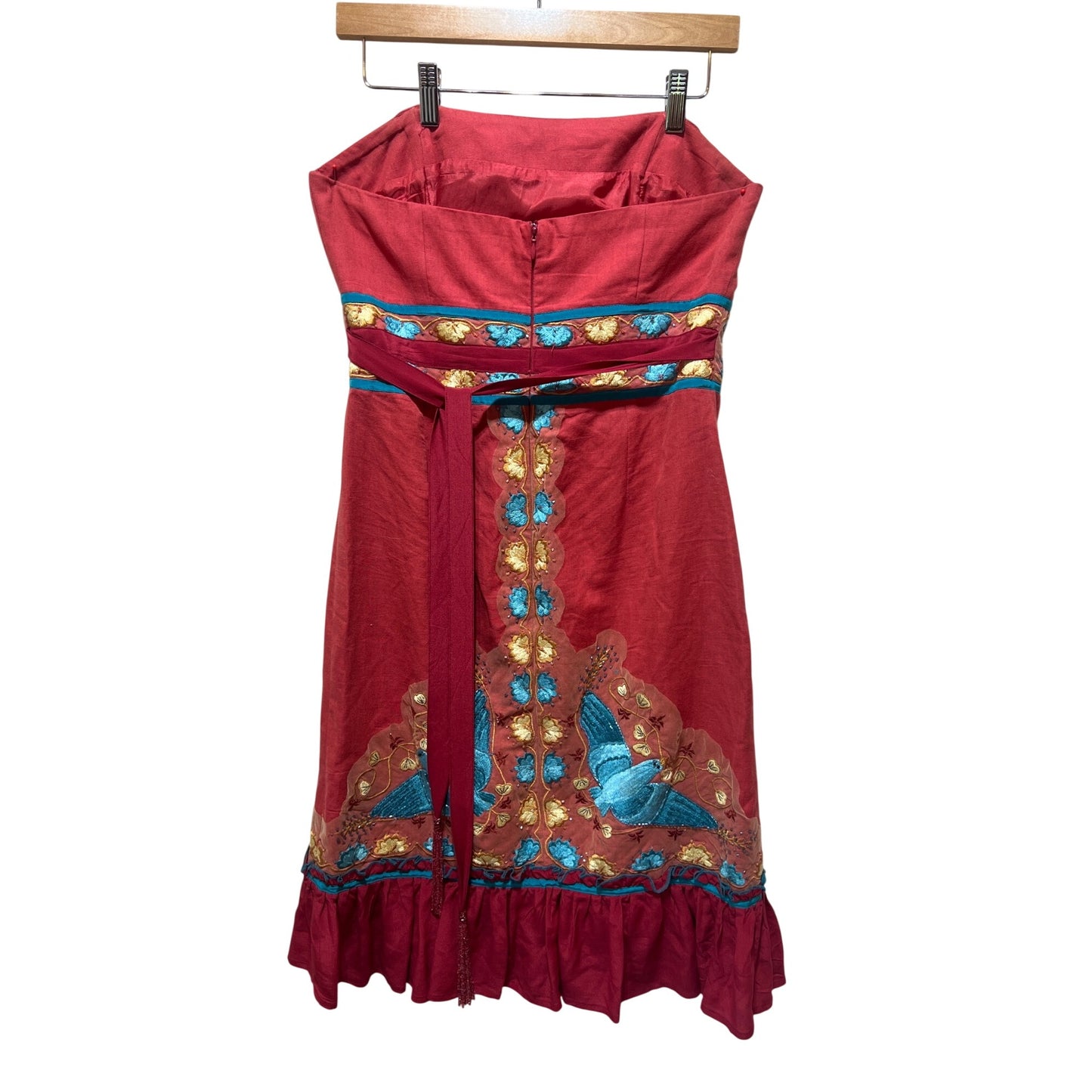 Plenty by Tracy Reese Y2K Bohemian Strapless Red Dress With Blue & Gold Embroidery Hummingbird Motif Ruffle Hem & Tie Waist
