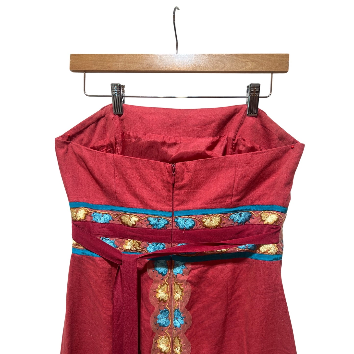 Plenty by Tracy Reese Y2K Bohemian Strapless Red Dress With Blue & Gold Embroidery Hummingbird Motif Ruffle Hem & Tie Waist