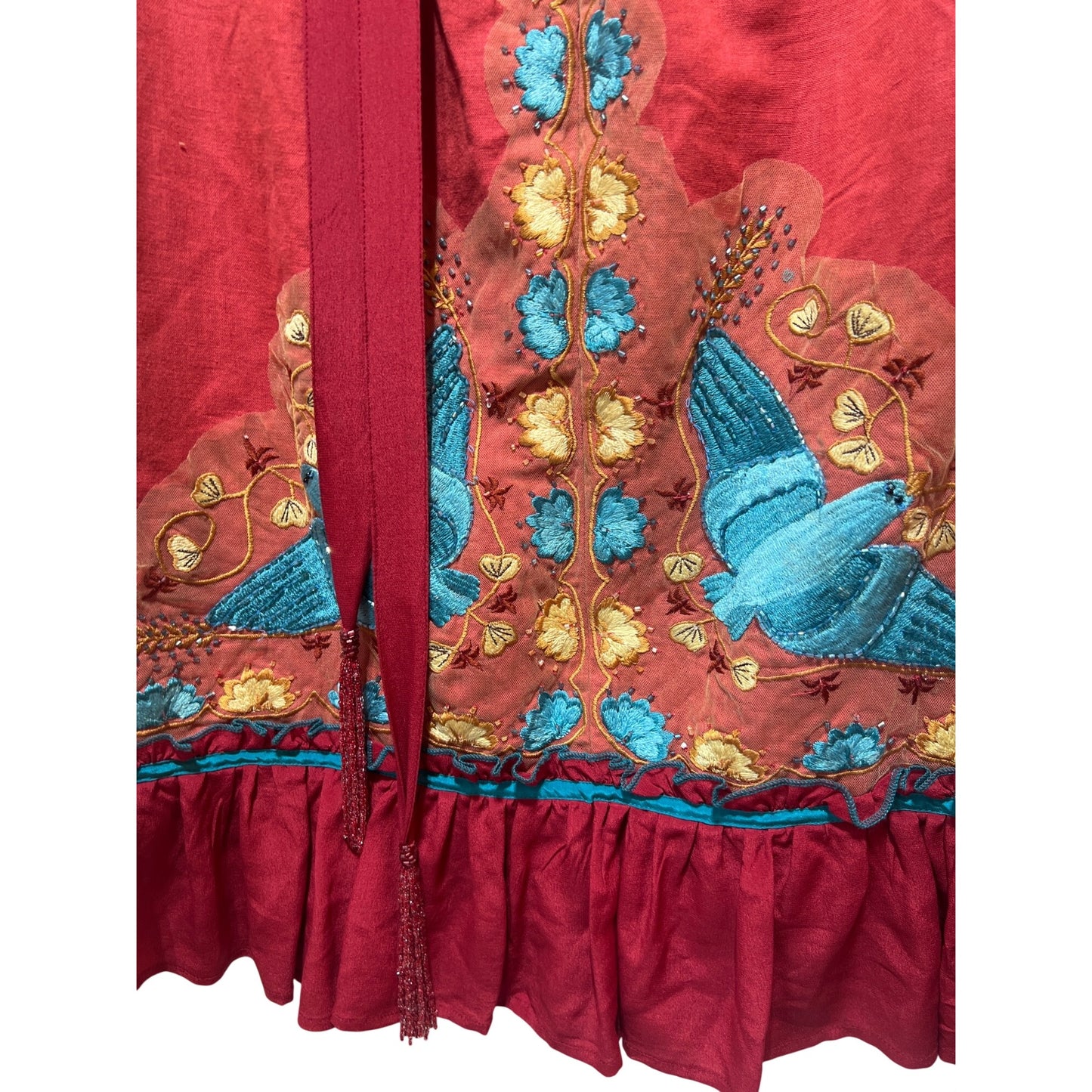 Plenty by Tracy Reese Y2K Bohemian Strapless Red Dress With Blue & Gold Embroidery Hummingbird Motif Ruffle Hem & Tie Waist
