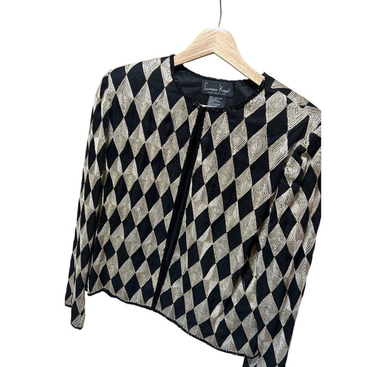 Laurence Kazar Black Gold Beaded Harlequin Jacket M Silk Blend Hook & Eye Closure Vintage 90s