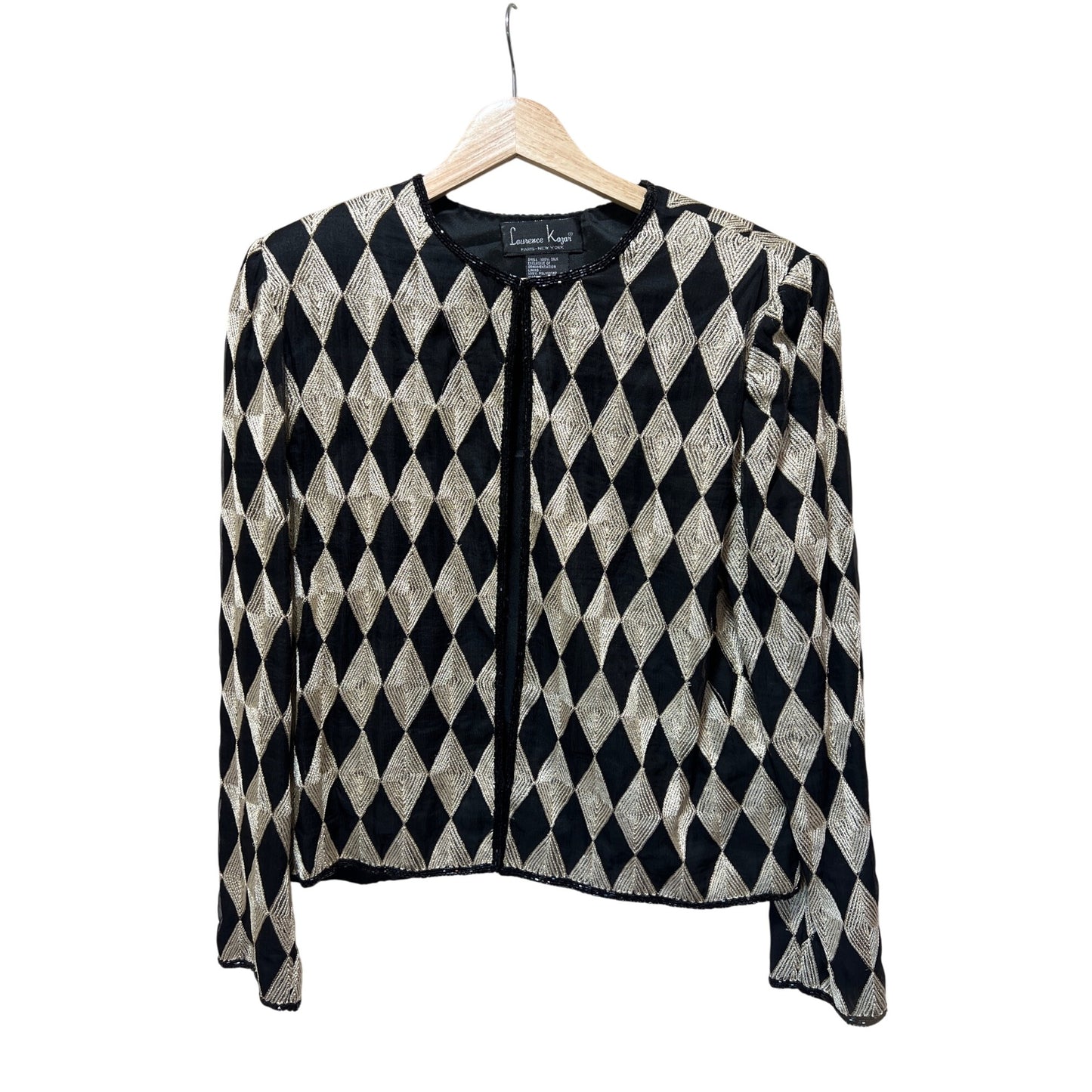 Laurence Kazar Black Gold Beaded Harlequin Jacket M Silk Blend Hook & Eye Closure Vintage 90s