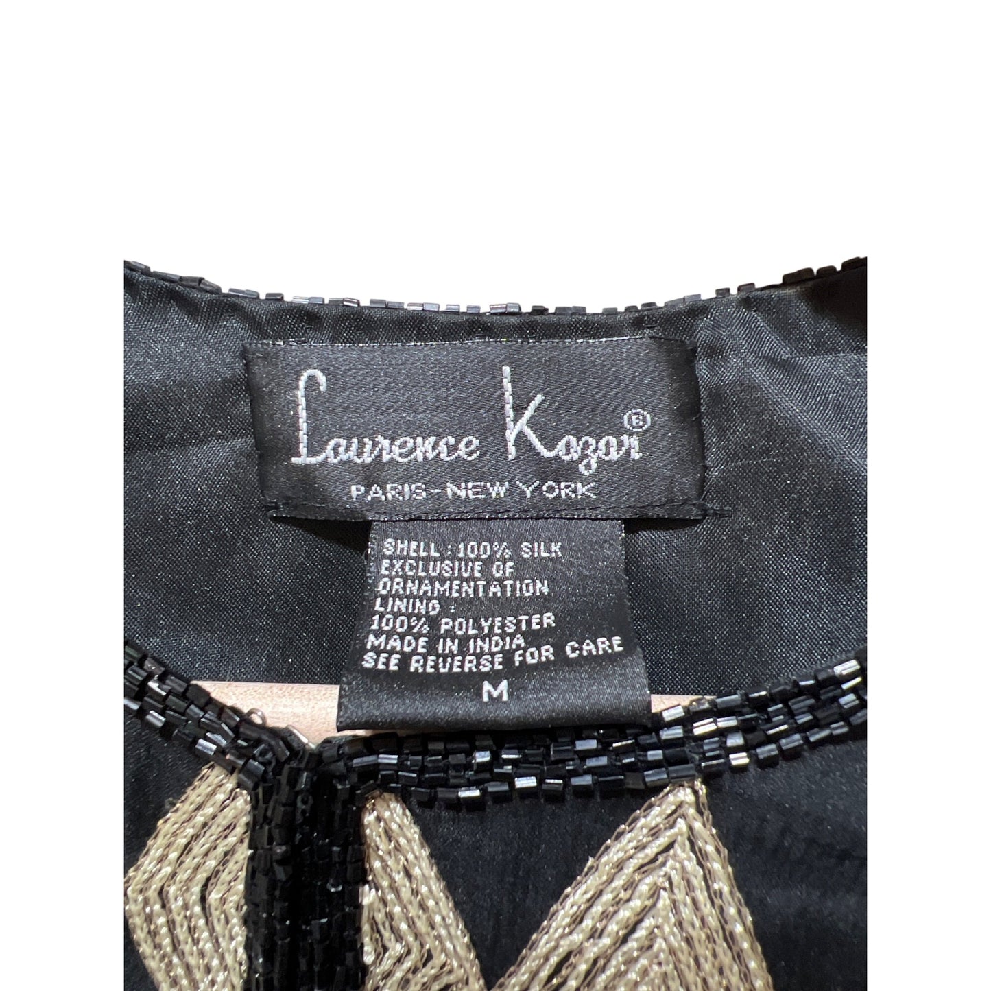 Laurence Kazar Black Gold Beaded Harlequin Jacket M Silk Blend Hook & Eye Closure Vintage 90s