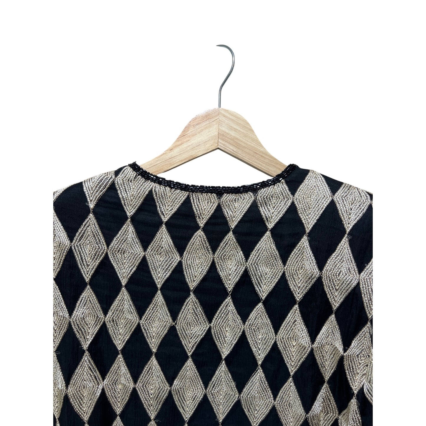 Laurence Kazar Black Gold Beaded Harlequin Jacket M Silk Blend Hook & Eye Closure Vintage 90s