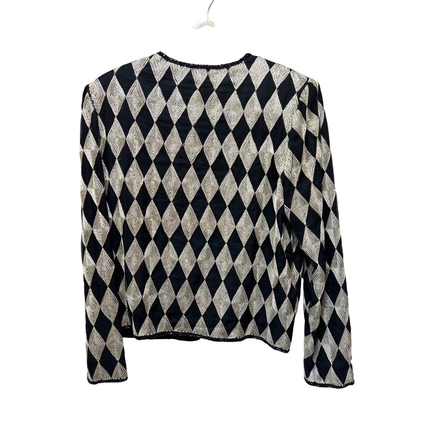 Laurence Kazar Black Gold Beaded Harlequin Jacket M Silk Blend Hook & Eye Closure Vintage 90s