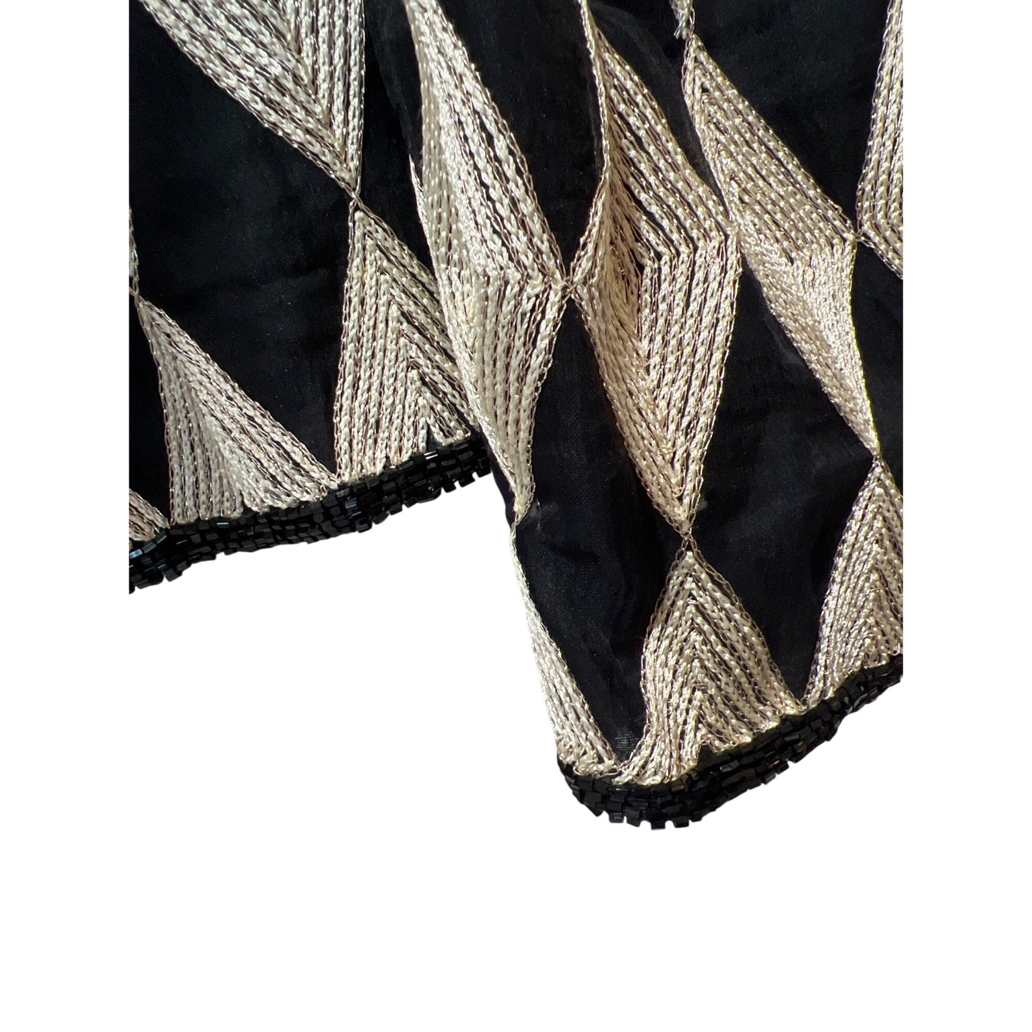 Laurence Kazar Black Gold Beaded Harlequin Jacket M Silk Blend Hook & Eye Closure Vintage 90s