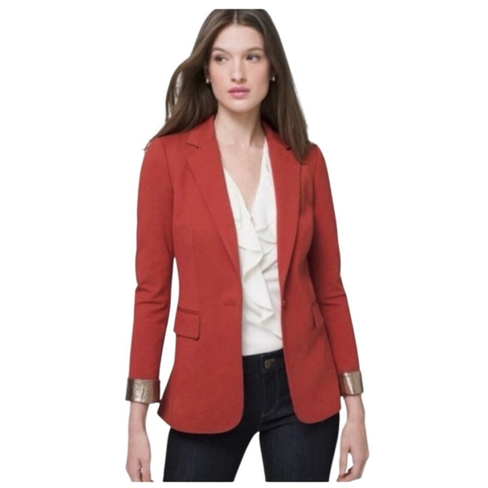 White House Black Market Womens Single Button Tailored Rust Red Blazer With Metallic Cuff Detail - Size 2P