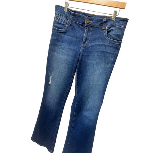 Kut from the Kloth Natalie High Rise Boot Cut Denim Jeans With Distressed Detail & Contrast Stitching Medium Wash Size 12