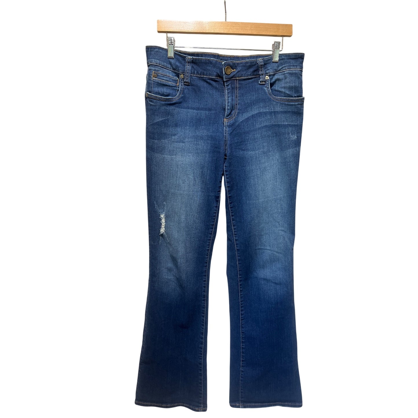 Kut from the Kloth Natalie High Rise Boot Cut Denim Jeans With Distressed Detail & Contrast Stitching Medium Wash Size 12
