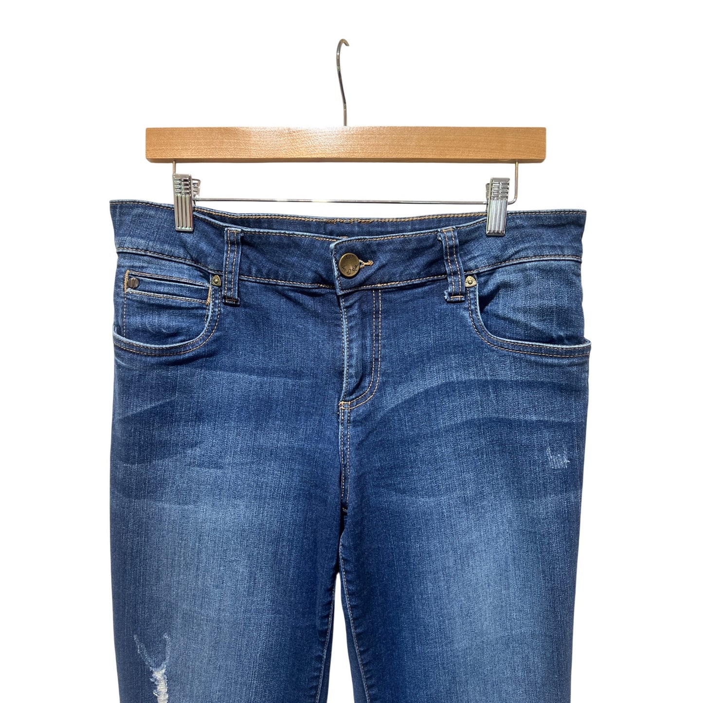 Kut from the Kloth Natalie High Rise Boot Cut Denim Jeans With Distressed Detail & Contrast Stitching Medium Wash Size 12