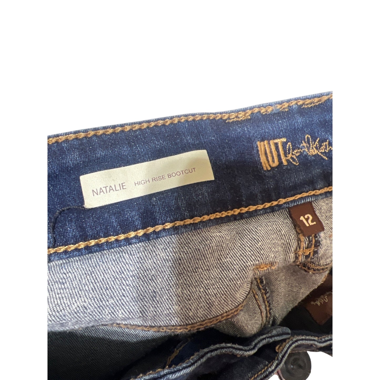 Kut from the Kloth Natalie High Rise Boot Cut Denim Jeans With Distressed Detail & Contrast Stitching Medium Wash Size 12
