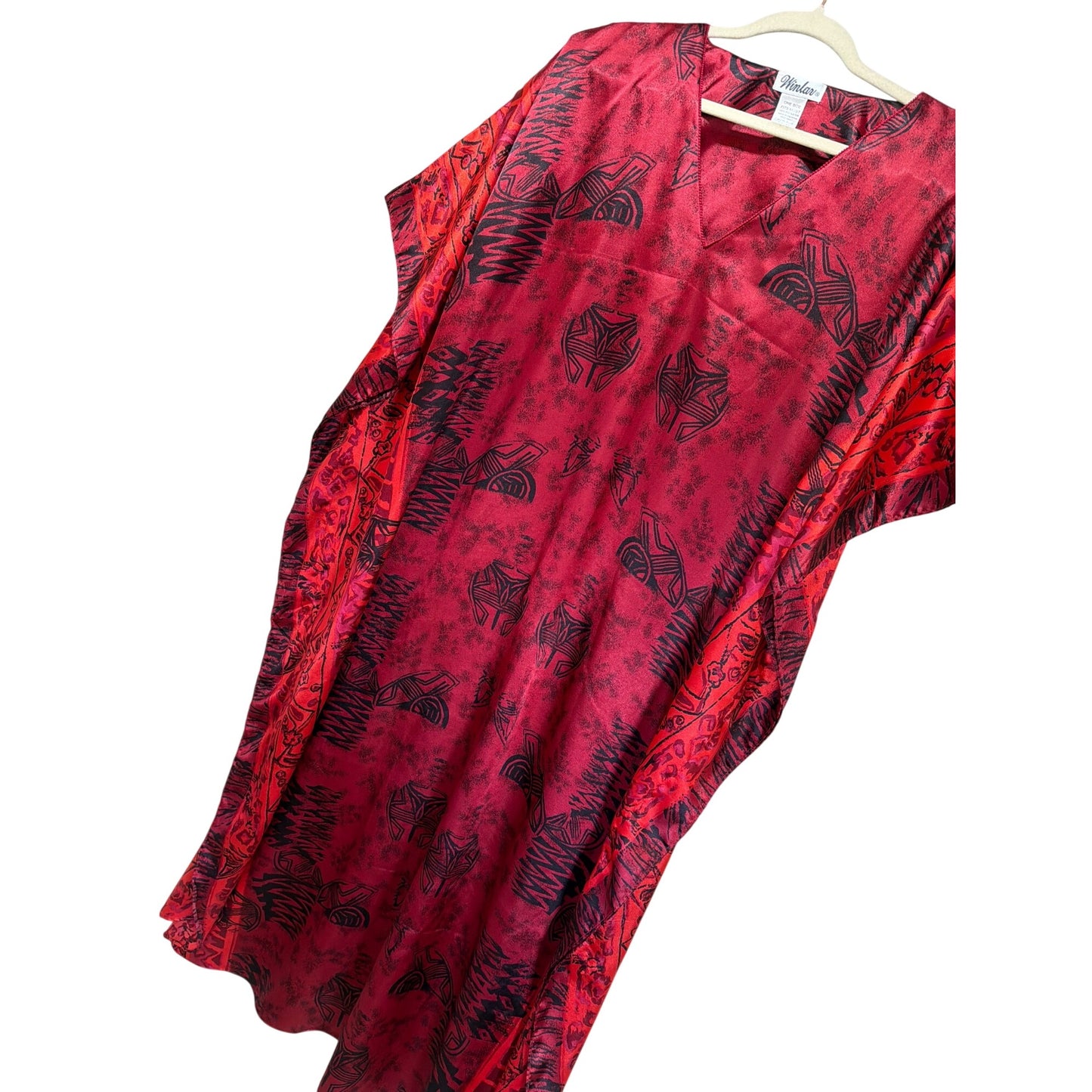 Winlar Vintage 90s Red Satin Aztec Pattern Caftan MuMu Dress