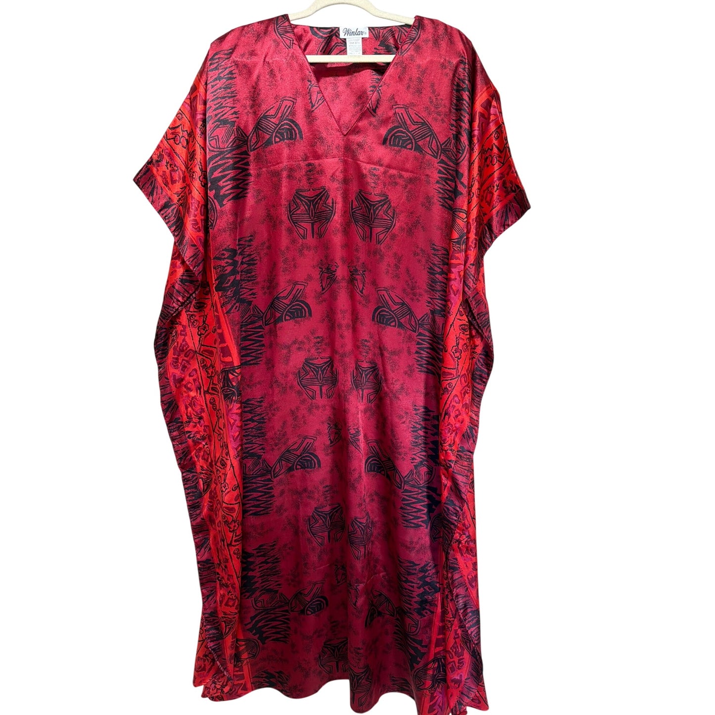 Winlar Vintage 90s Red Satin Aztec Pattern Caftan MuMu Dress