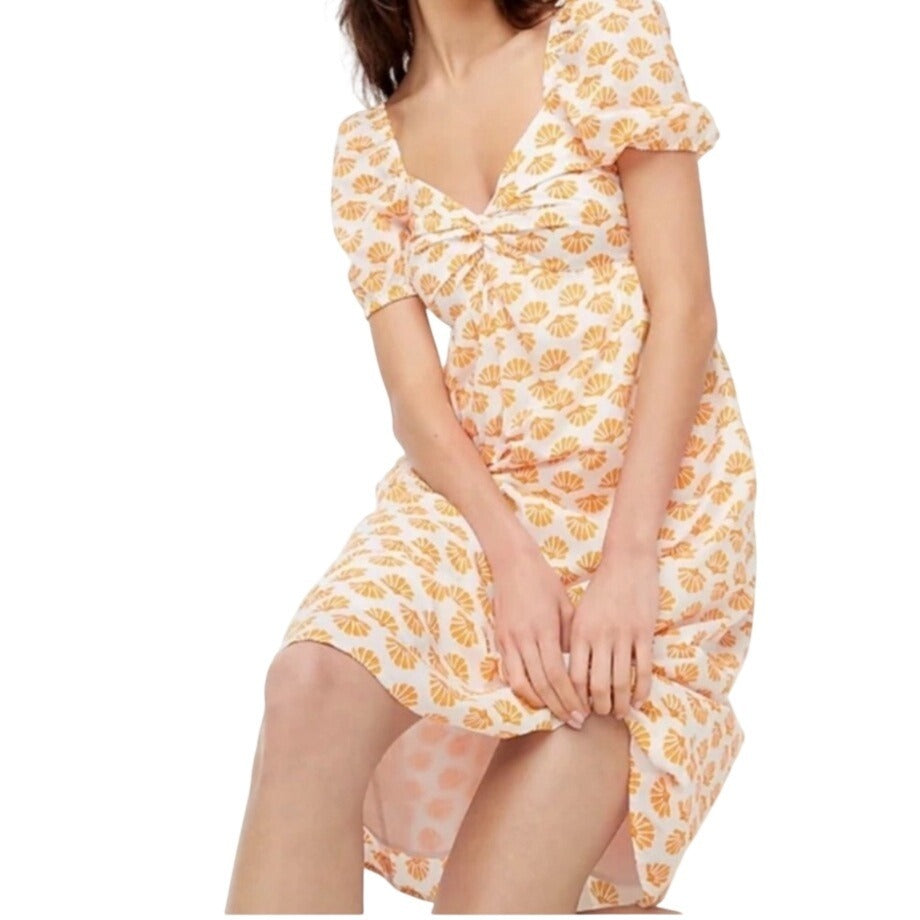 J. Crew Orange Seashell Twist Front Puff Sleeve A-Line Midi Dress